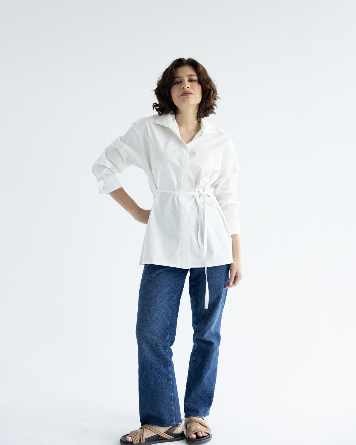 White Belted Cotton Shirt