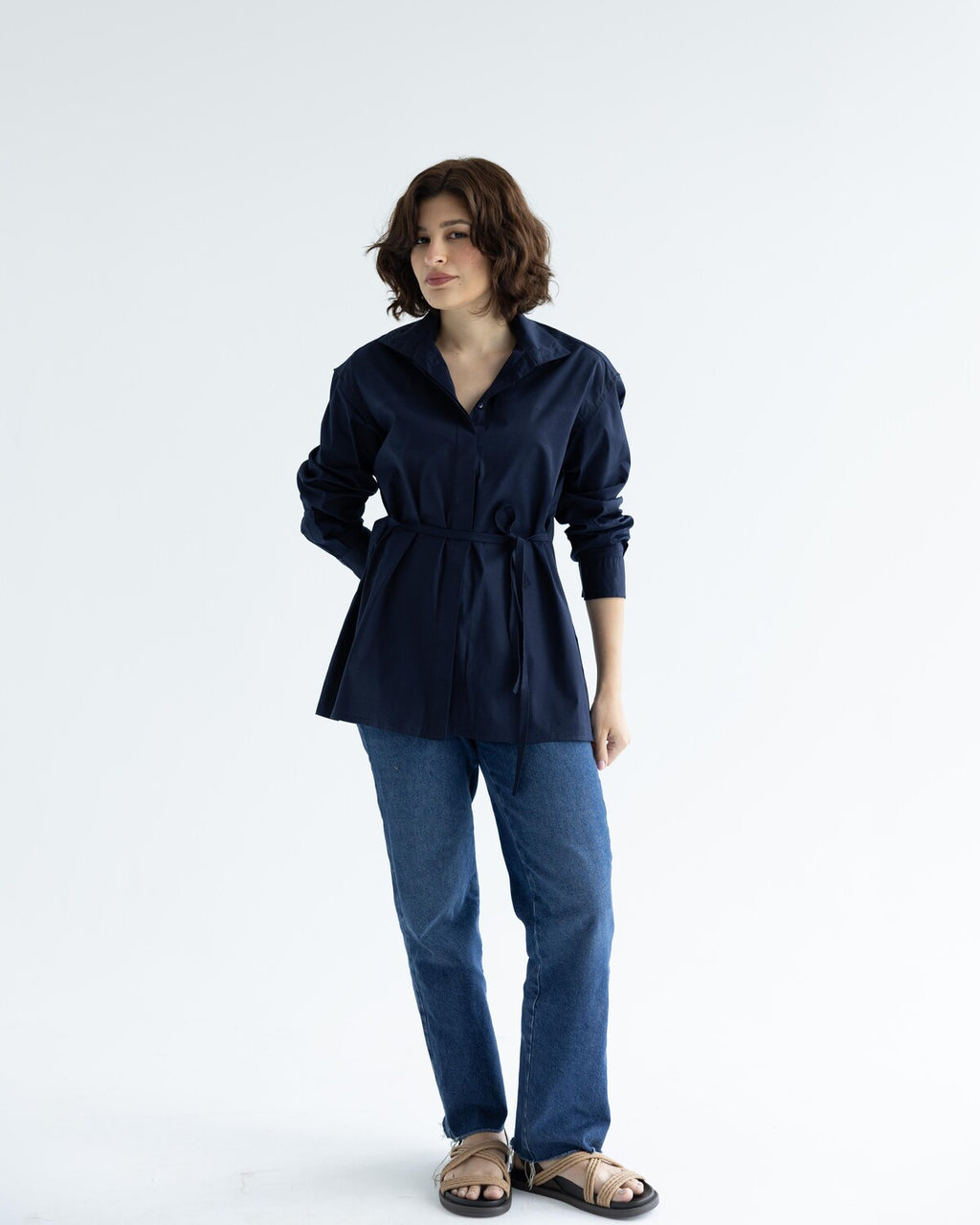 Navy Belted Cotton Shirt