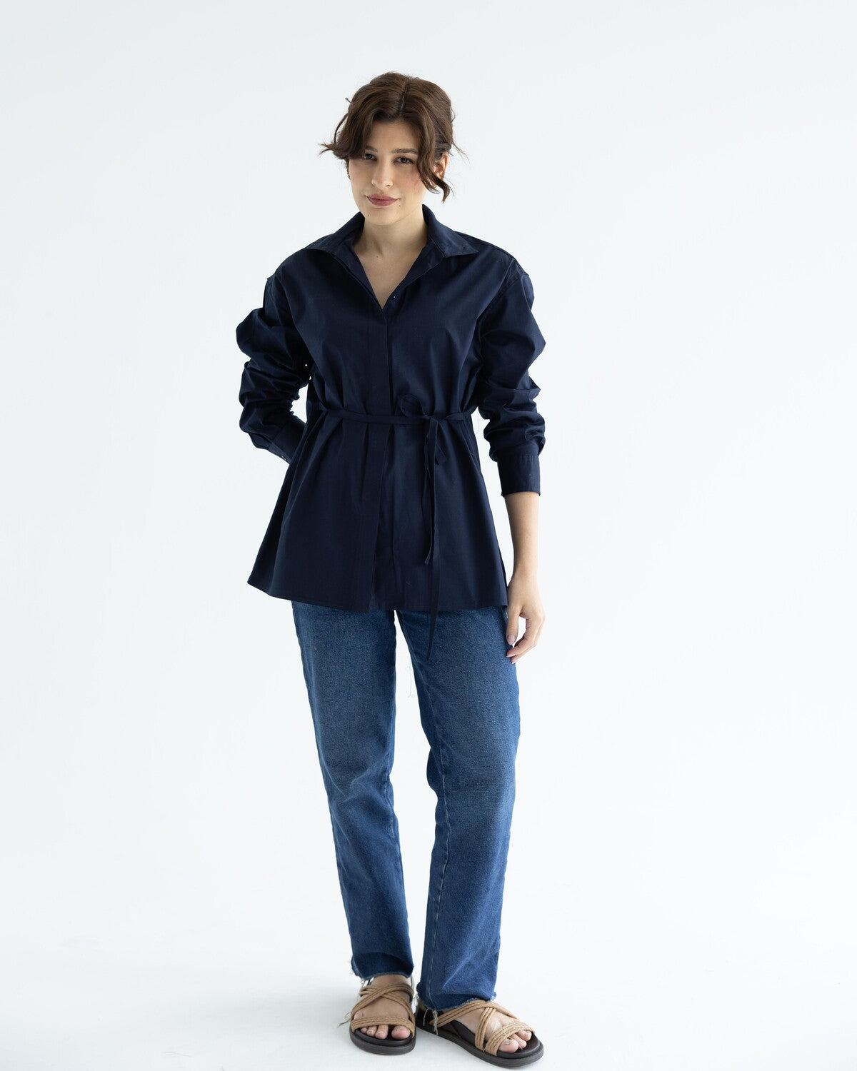 Navy Belted Cotton Shirt