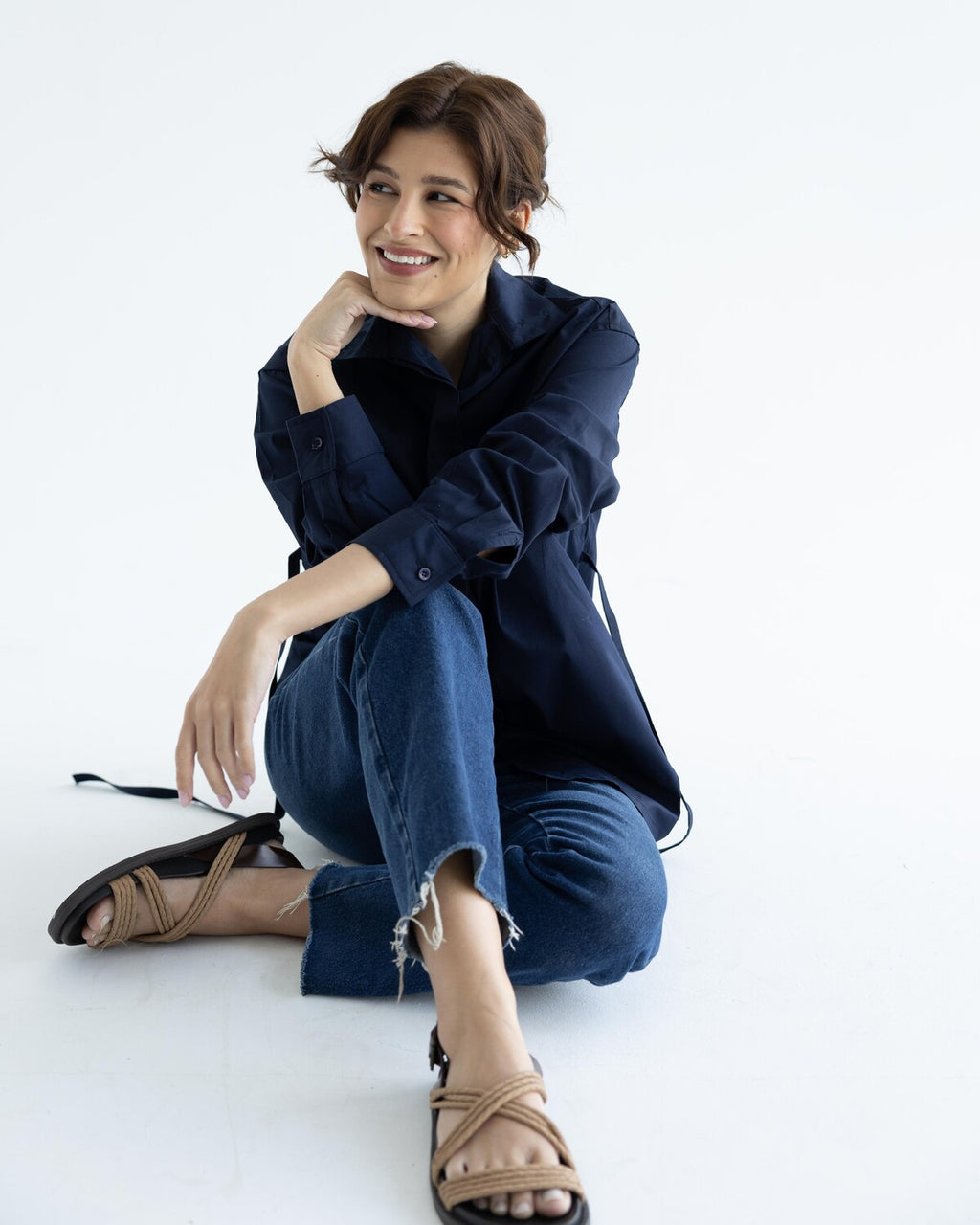 Navy Belted Cotton Shirt