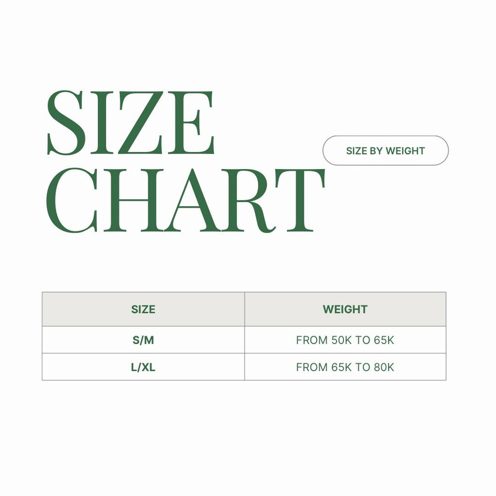 Size chart for weight categories S/M and L/XL on a white background